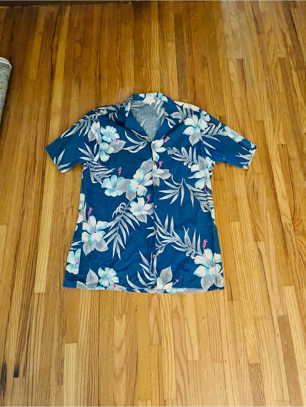 Navy Floral Short-Sleeve Hawaiian Button-Down Shirt Large Tall 100% cotton